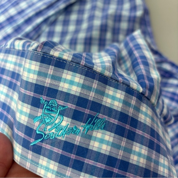 Peter Millar Blue Plaid Check Button Up Dress Shirt Men's Large Cotton Casual - Picture 9 of 13